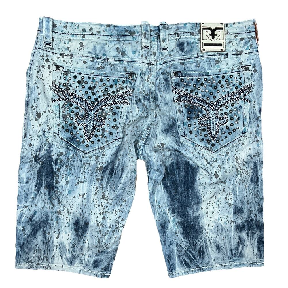 Rock Revival Jean Shorts 45” Blue Granger Distressed Denim Y2K Grunge Spatter